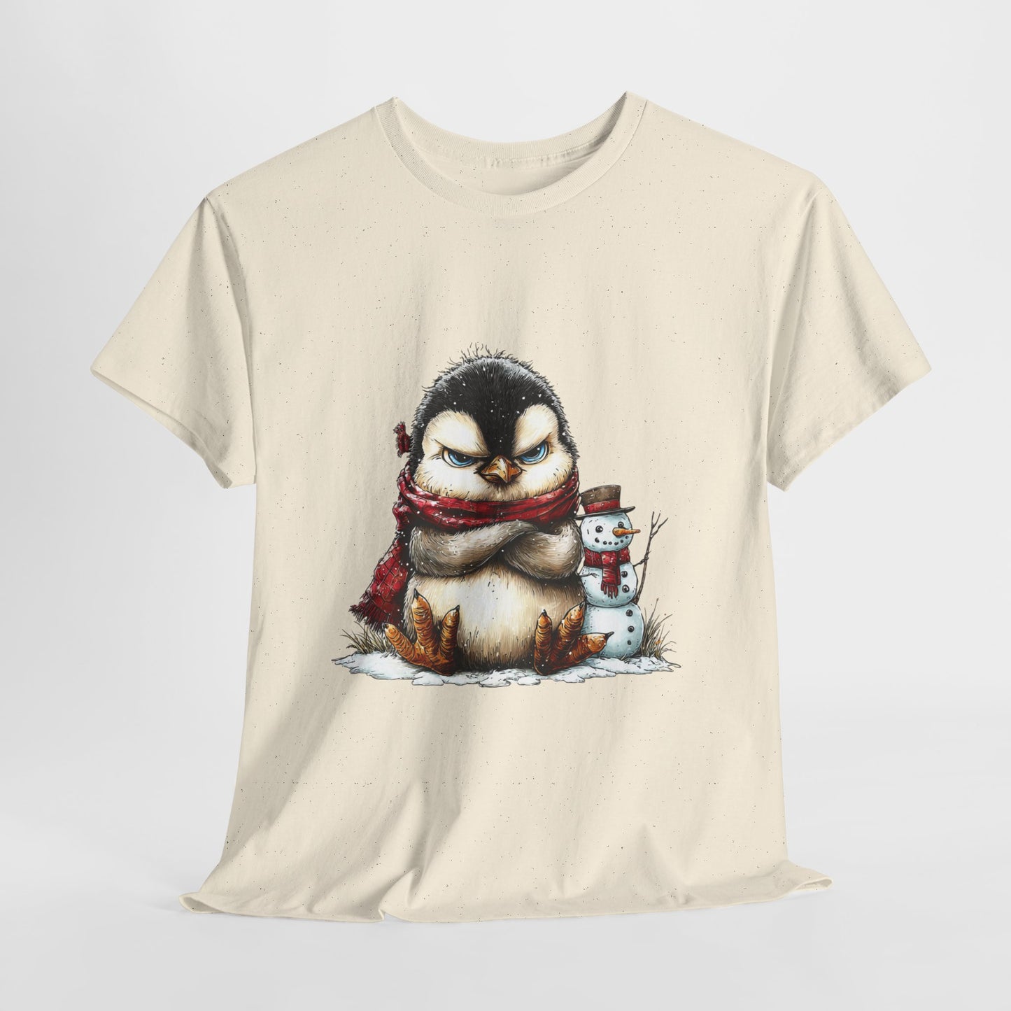 Grumpy Penguin Christmas T-Shirt - Winter Penguin with Snowman Buddy