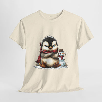 Grumpy Penguin Christmas T-Shirt - Winter Penguin with Snowman Buddy