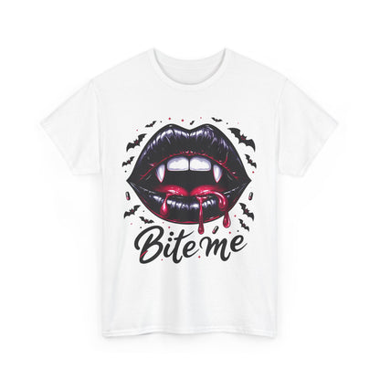 Bite Me Vampire Lips T-Shirt - Gothic Fangs & Bats Halloween Tee