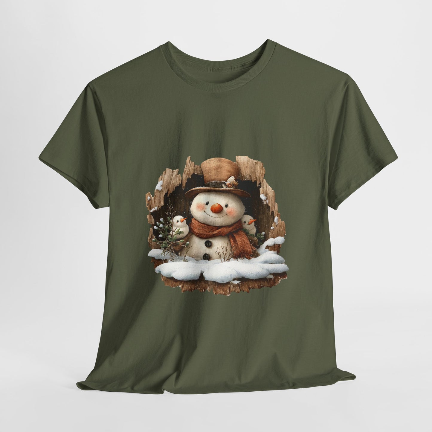 Woodland Snowman with Birds Christmas T-Shirt - Rustic Tree Hollow Snowman