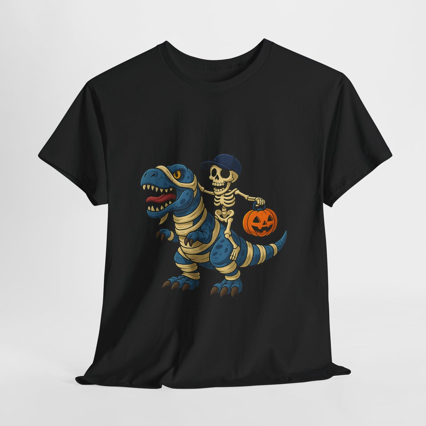 Skeleton Riding T-Rex Halloween T-Shirt - Dinosaur Mummy Wrap Tee