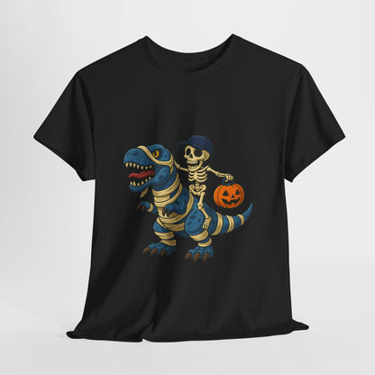 Skeleton Riding T-Rex Halloween T-Shirt - Dinosaur Mummy Wrap Tee