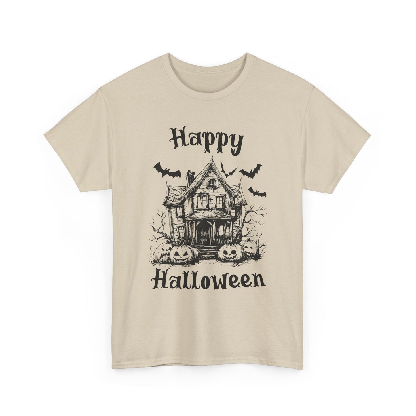 Vintage Haunted House Halloween T-Shirt - Gothic Pumpkins & Bats Tee