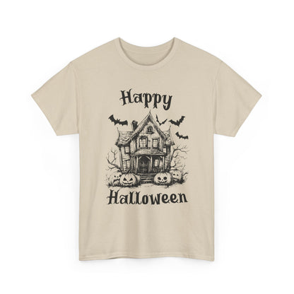Vintage Haunted House Halloween T-Shirt - Gothic Pumpkins & Bats Tee