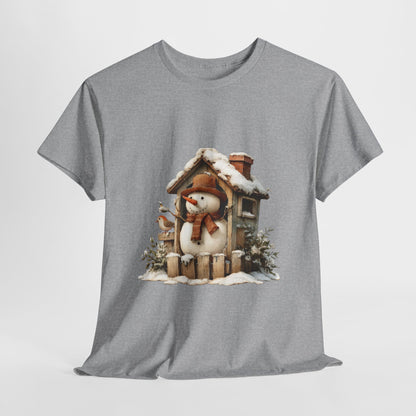 Cabin Porch Snowman Shirt - Rustic Snowman in Little House with Bird