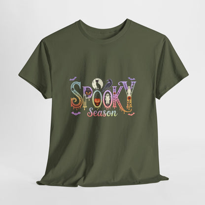 Spooky Season Gothic T-Shirt with Ghosts, Black Cat, Raven & Pumpkins