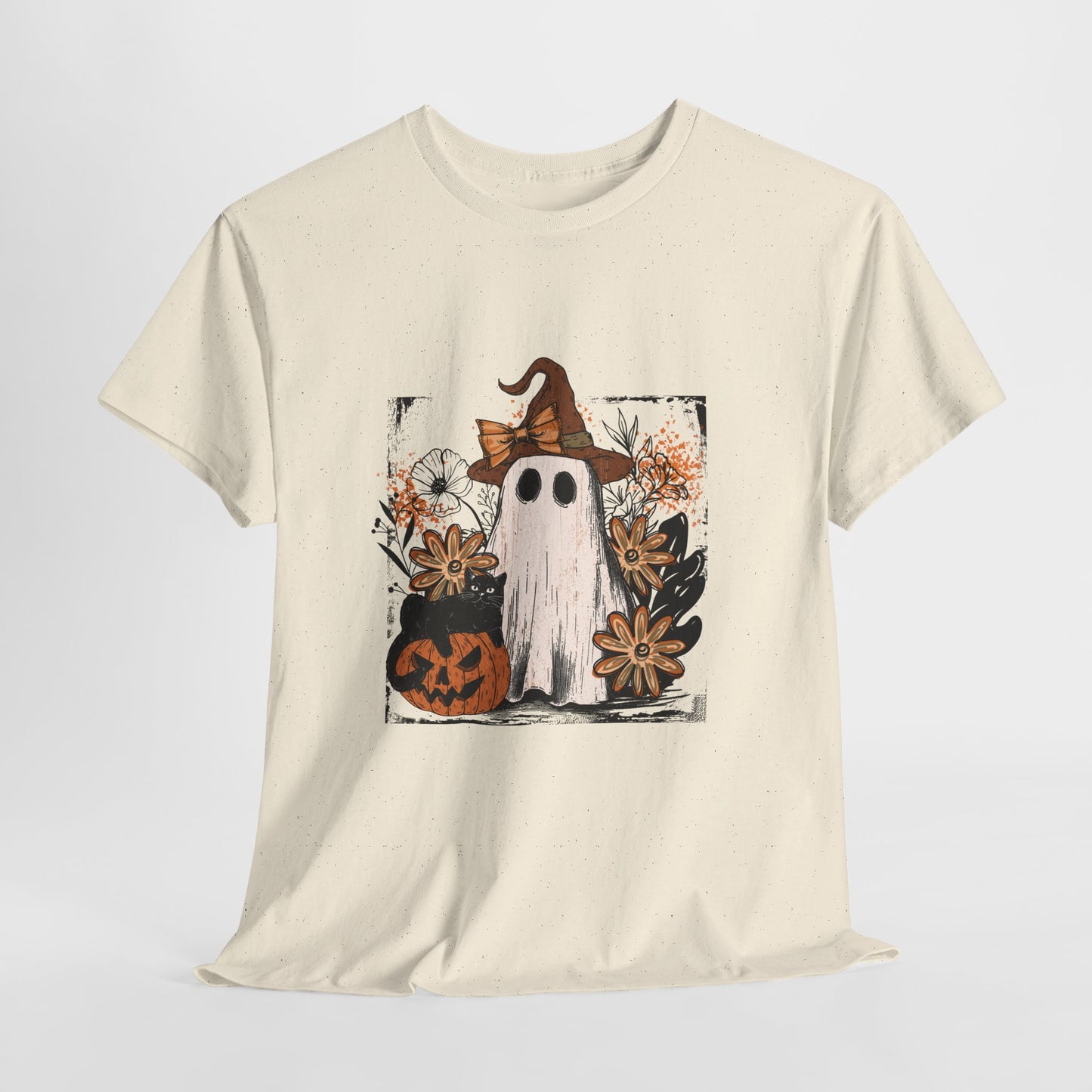 Floral Ghost Cat Pumpkin Halloween T-Shirt - Witch Hat Bow x Jack-O-Lantern