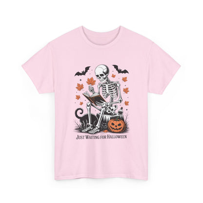 Just Waiting for Halloween T-Shirt - Cozy Spooky Skeleton Reading Tee
