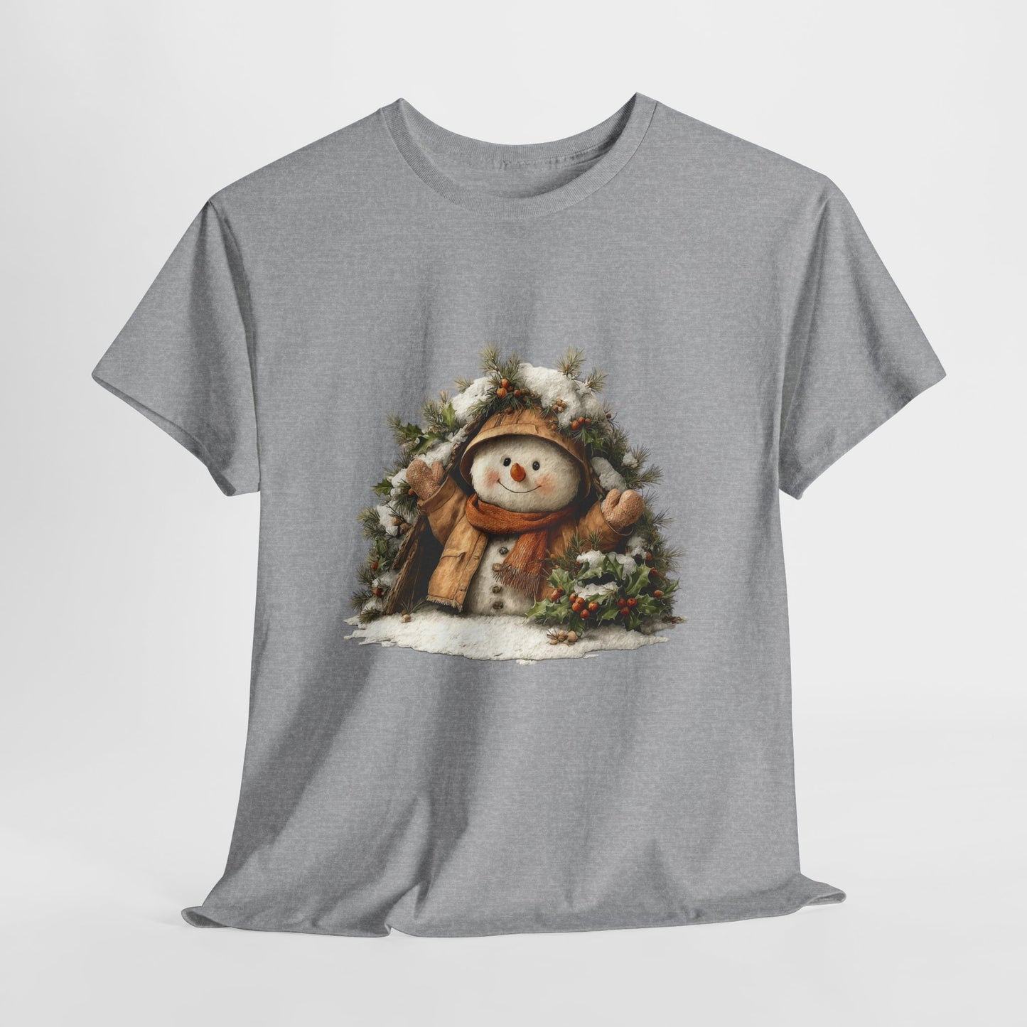 Forest Wreath Snowman Christmas T-Shirt - Cozy Rustic Snowman in Coat & Scarf