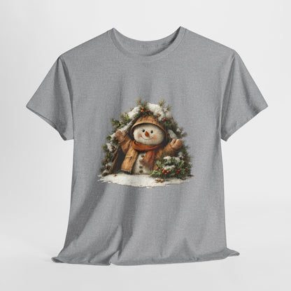Forest Wreath Snowman Christmas T-Shirt - Cozy Rustic Snowman in Coat & Scarf