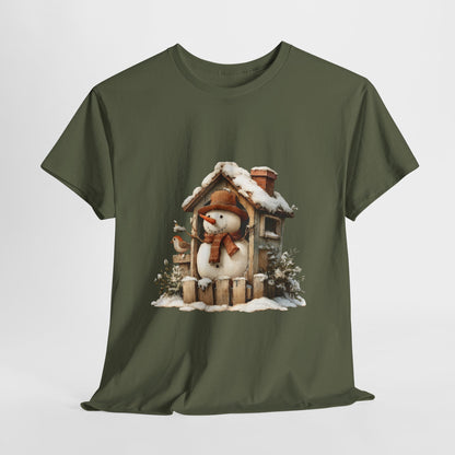 Cabin Porch Snowman Shirt - Rustic Snowman in Little House with Bird