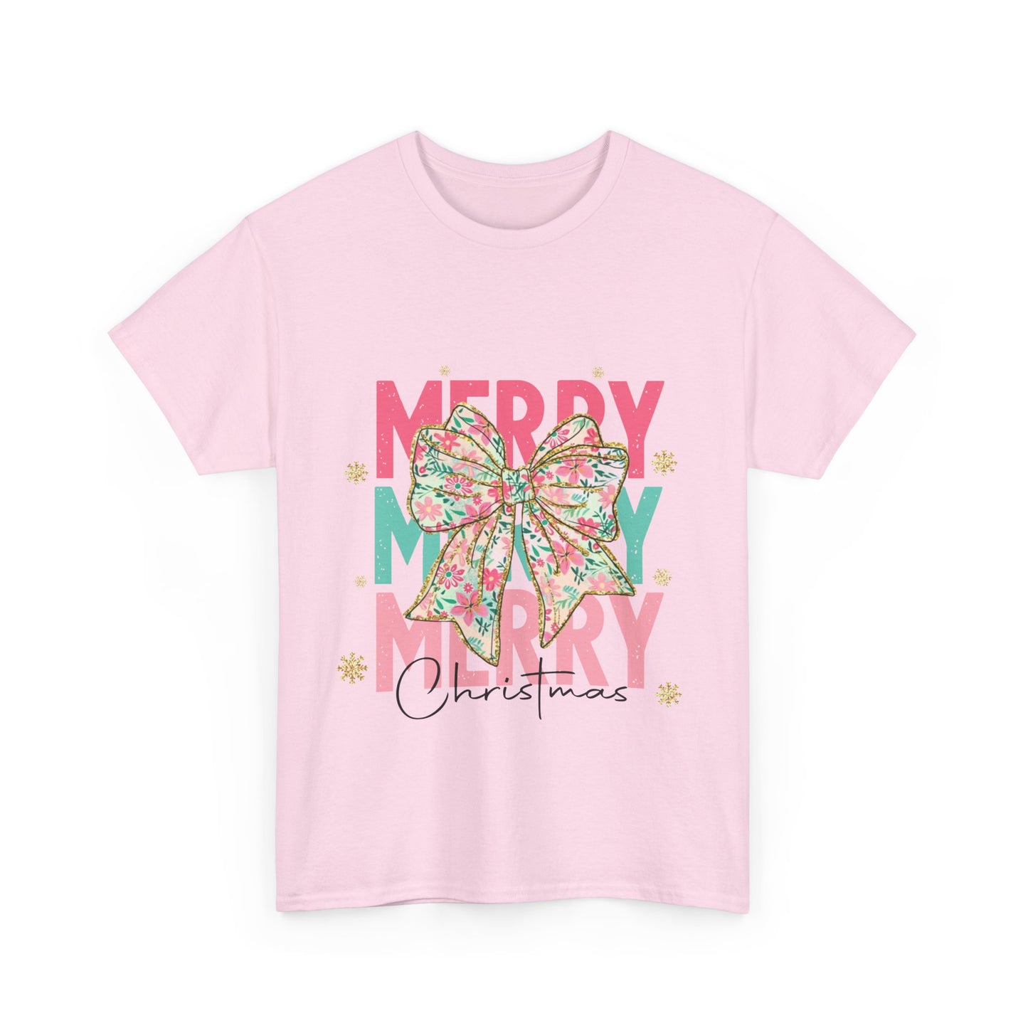 Merry Merry Merry Christmas T-Shirt - Floral Bow Pastel Tee