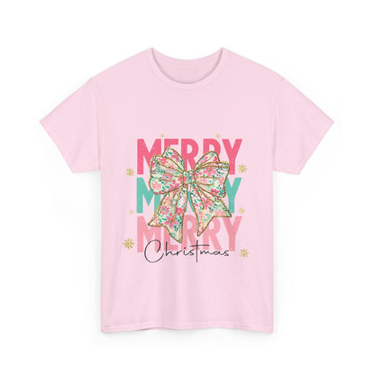 Merry Merry Merry Christmas T-Shirt - Floral Bow Pastel Tee