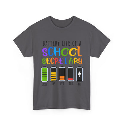 School Secretary Battery Shirt - Funny Rainbow Staff Tee for School Office Life, End of Year Exhaustion Gift for Secretaries