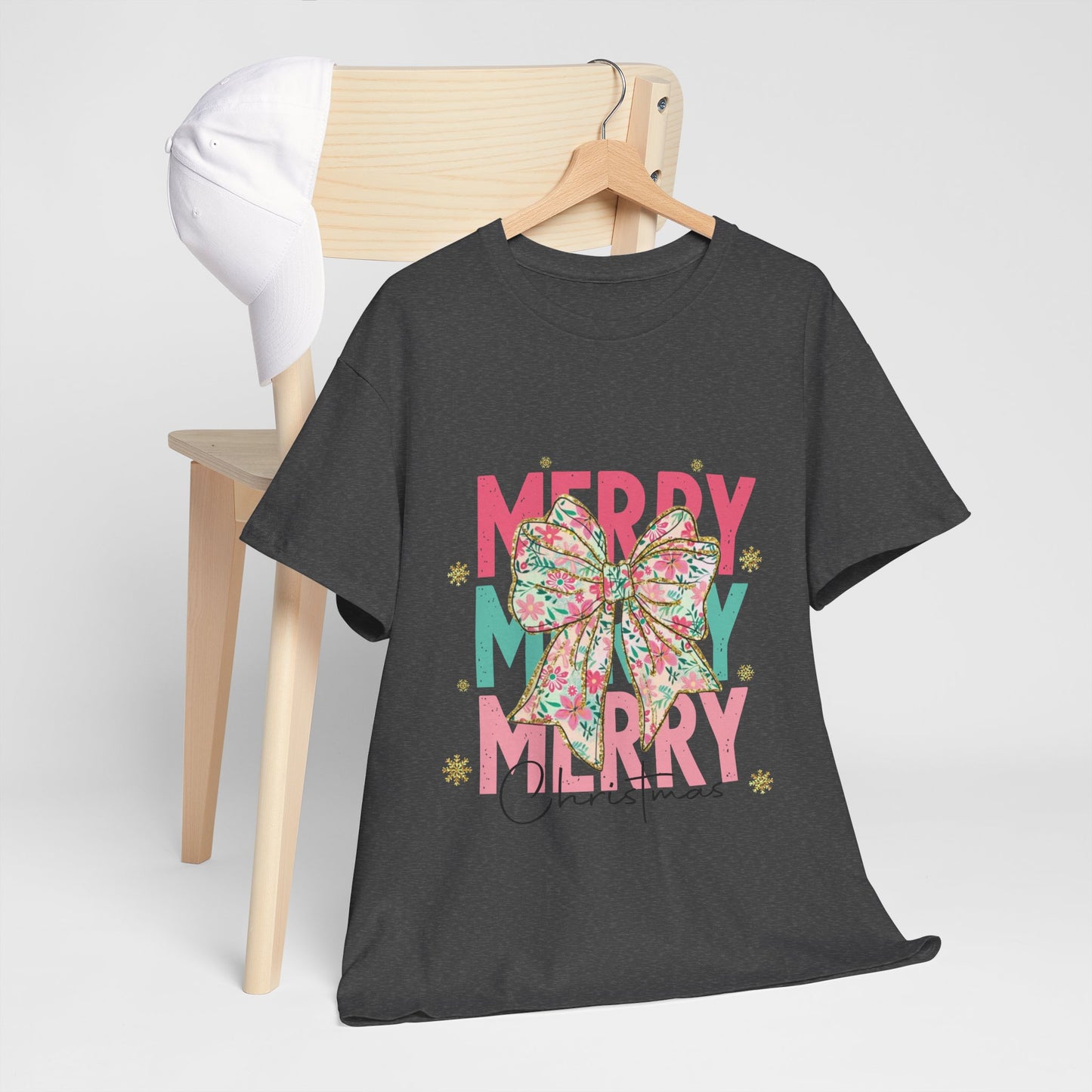 Merry Merry Merry Christmas T-Shirt - Floral Bow Pastel Tee