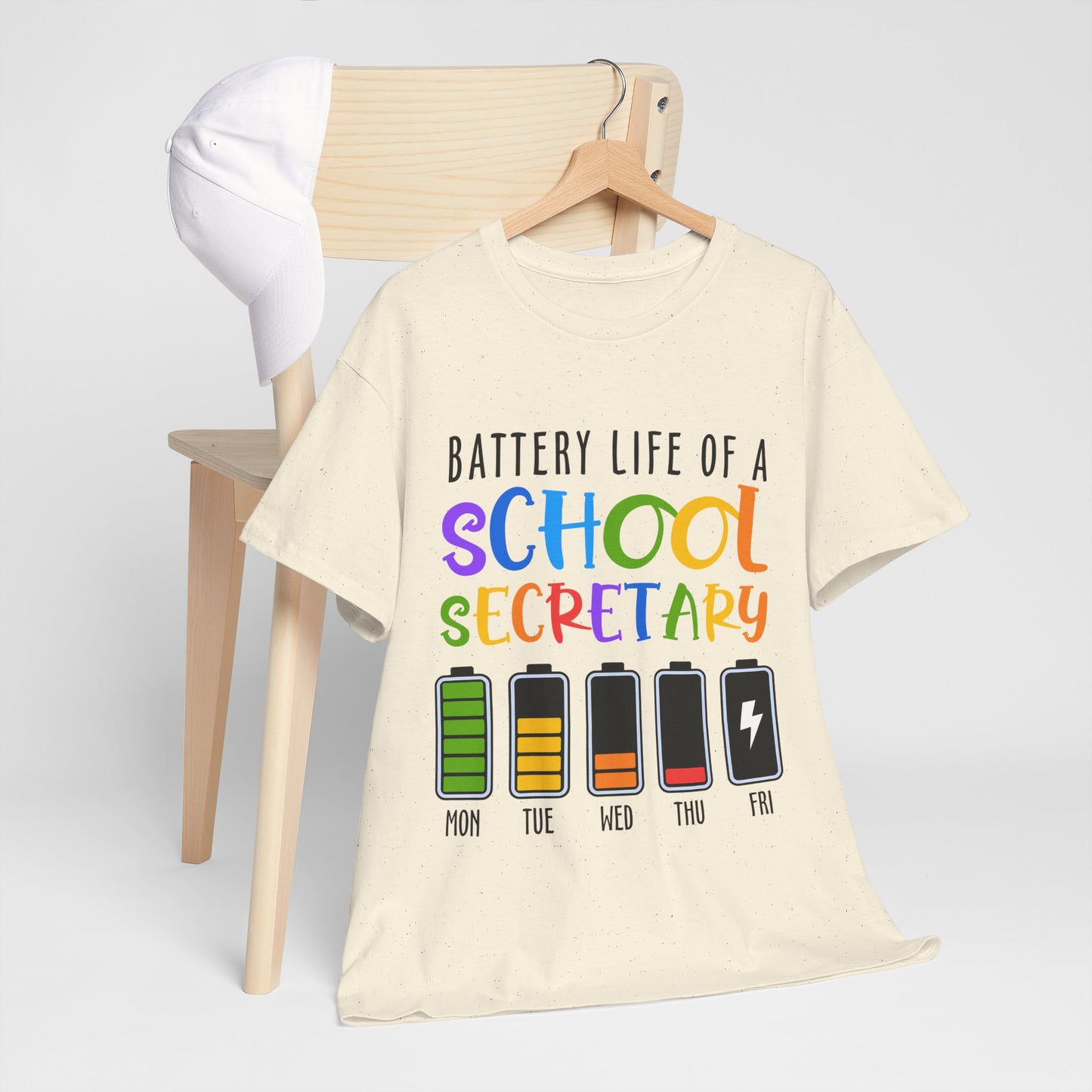 School Secretary Battery Shirt - Funny Rainbow Staff Tee for School Office Life, End of Year Exhaustion Gift for Secretaries
