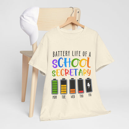 School Secretary Battery Shirt - Funny Rainbow Staff Tee for School Office Life, End of Year Exhaustion Gift for Secretaries