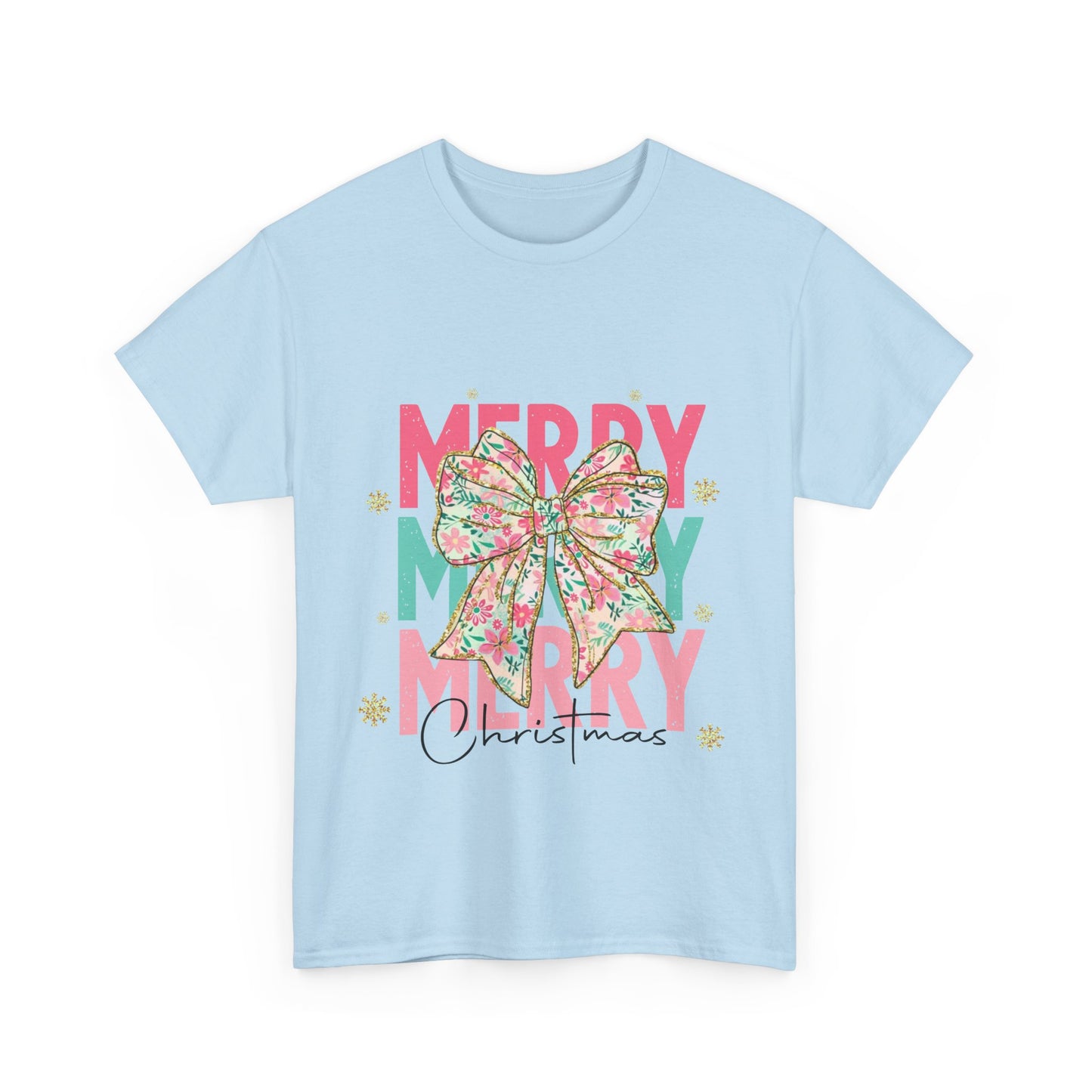 Merry Merry Merry Christmas T-Shirt - Floral Bow Pastel Tee