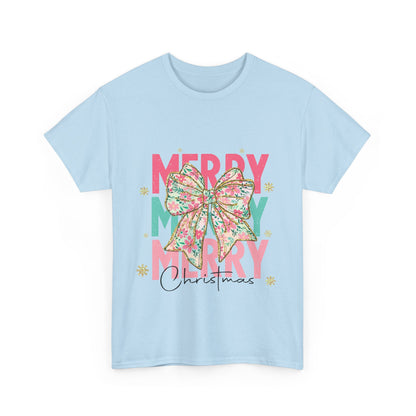 Merry Merry Merry Christmas T-Shirt - Floral Bow Pastel Tee
