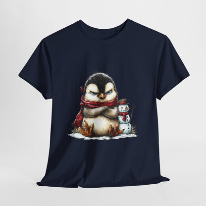 Grumpy Penguin Christmas T-Shirt - Winter Penguin with Snowman Buddy