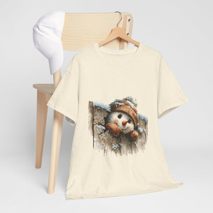 Peeking Snowman Beanie Christmas T-Shirt - Rustic Wood Fence Snowman