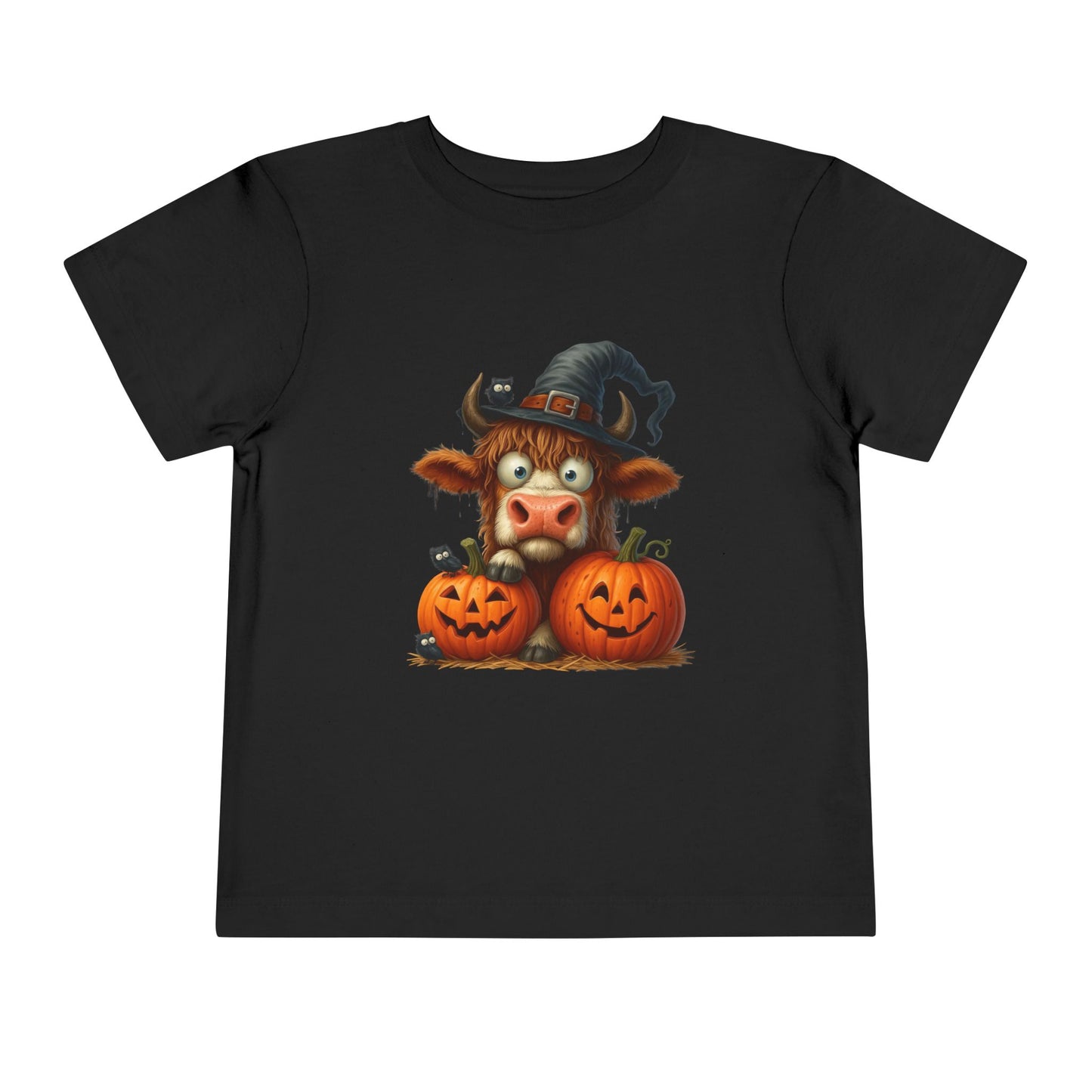 Cute Highland Cow Kids T-Shirt - Witch Hat & Pumpkins Toddler Tee