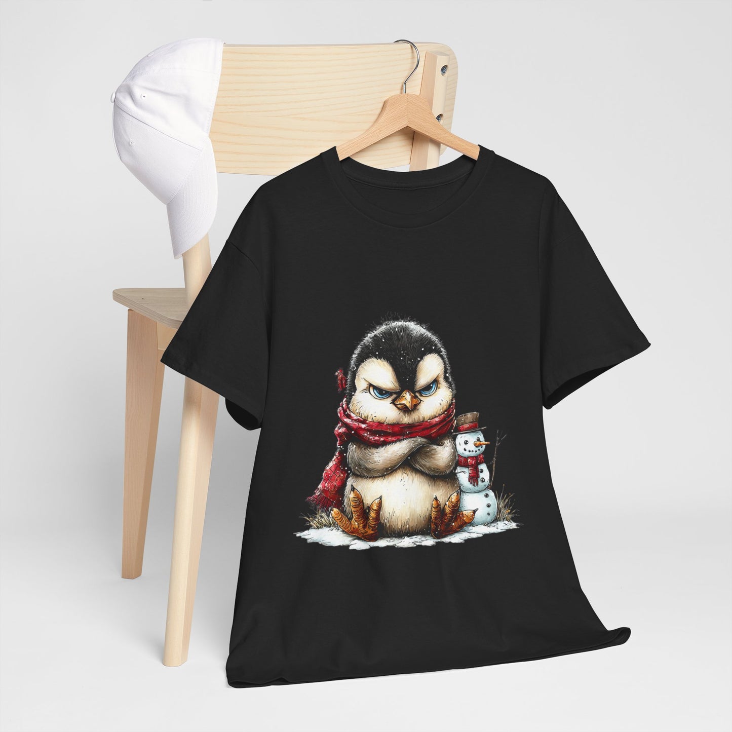 Grumpy Penguin Christmas T-Shirt - Winter Penguin with Snowman Buddy