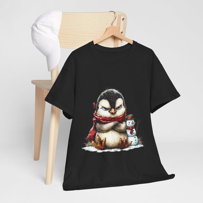 Grumpy Penguin Christmas T-Shirt - Winter Penguin with Snowman Buddy