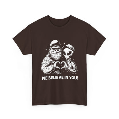 We Believe In You T-Shirt - Bigfoot & Alien Heart Hands Tee