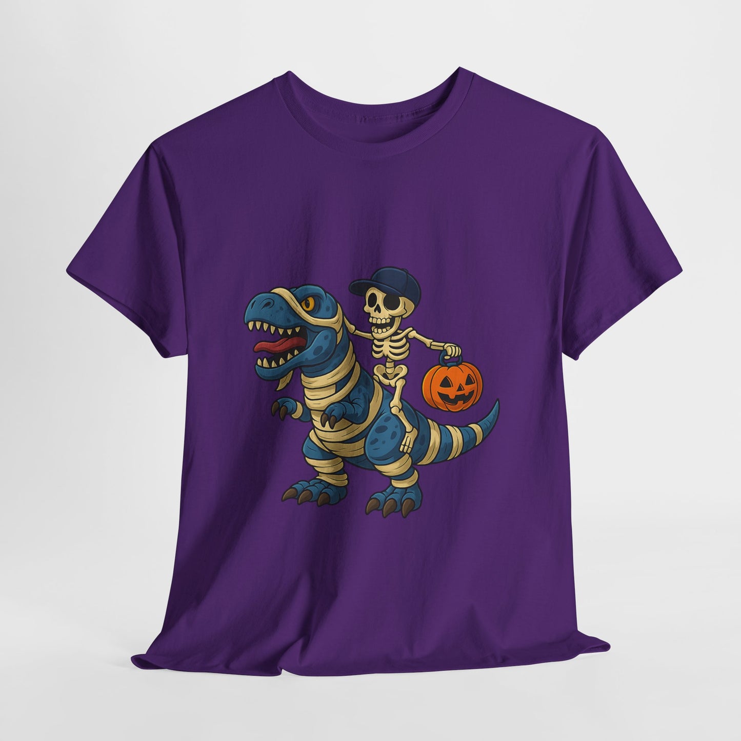 Skeleton Riding T-Rex Halloween T-Shirt - Dinosaur Mummy Wrap Tee
