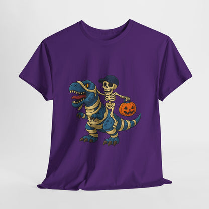 Skeleton Riding T-Rex Halloween T-Shirt - Dinosaur Mummy Wrap Tee