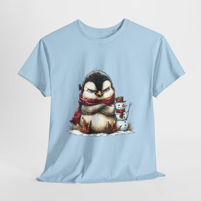 Grumpy Penguin Christmas T-Shirt - Winter Penguin with Snowman Buddy