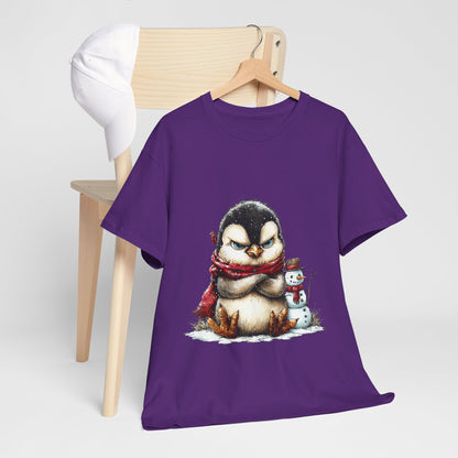Grumpy Penguin Christmas T-Shirt - Winter Penguin with Snowman Buddy