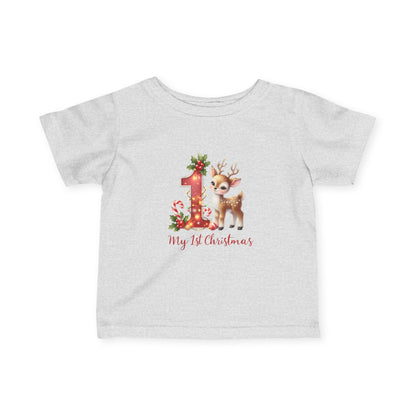 Baby’s First Christmas Reindeer Infant T-Shirt – Red “1” Candy Cane Holiday Tee