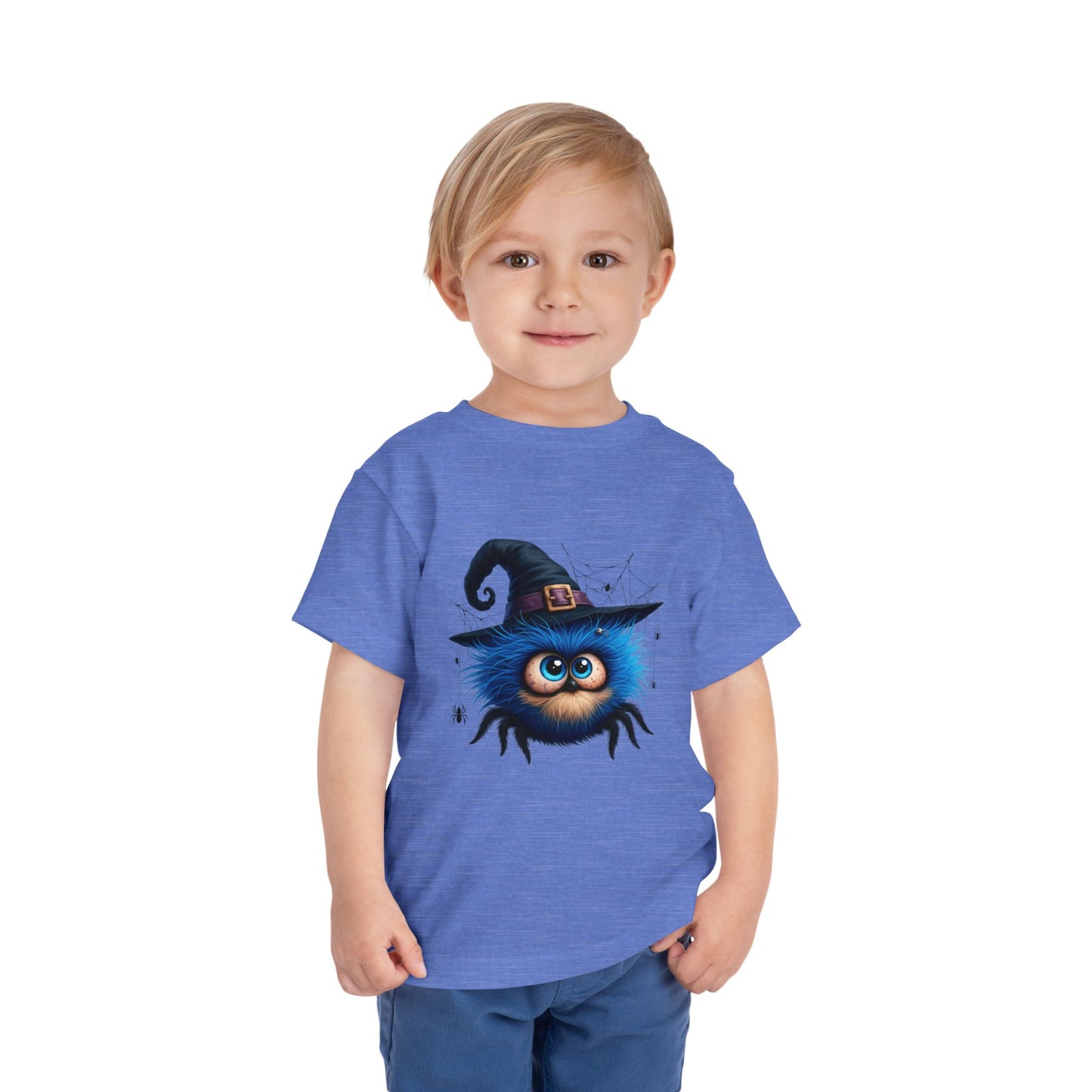 Cute Blue Fuzzy Spider Kids T-Shirt - Witch Hat Halloween Toddler Tee