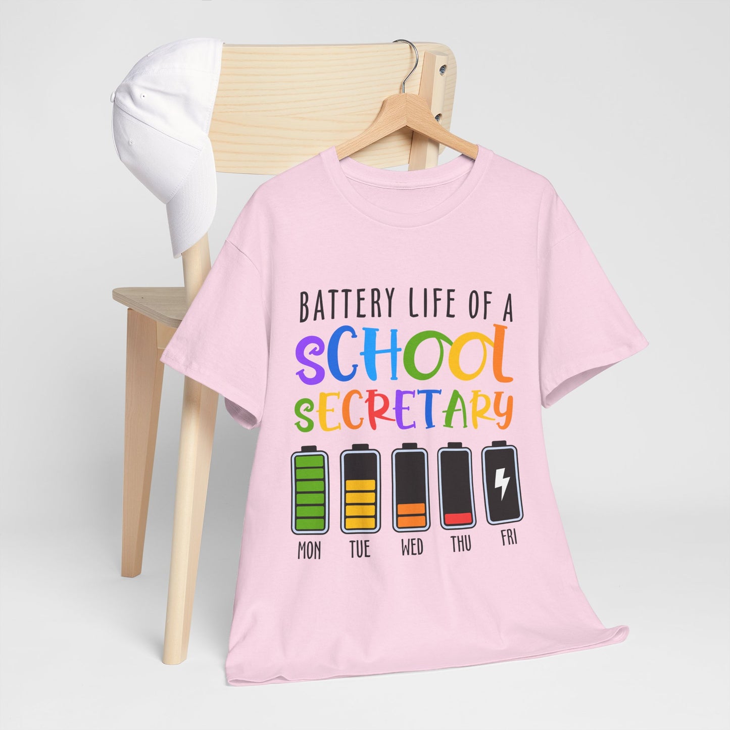 School Secretary Battery Shirt - Funny Rainbow Staff Tee for School Office Life, End of Year Exhaustion Gift for Secretaries