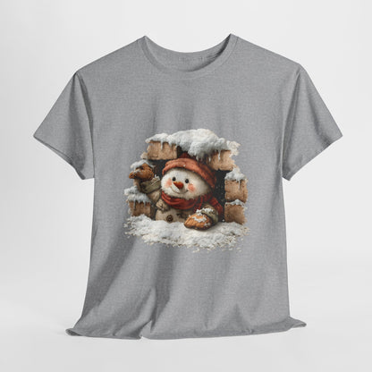 Peeking Snowman Window Christmas - Cute Snowy Brick Window Snowman Tee
