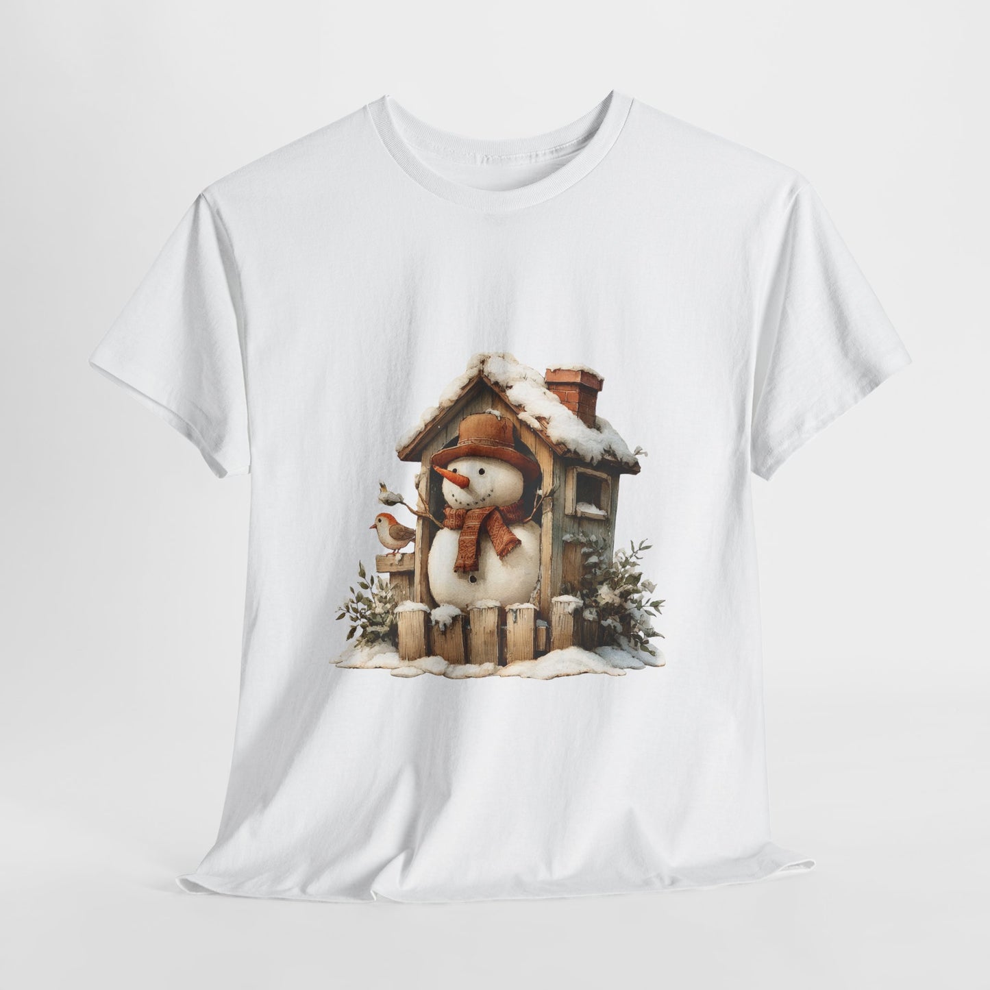 Cabin Porch Snowman Shirt - Rustic Snowman in Little House with Bird
