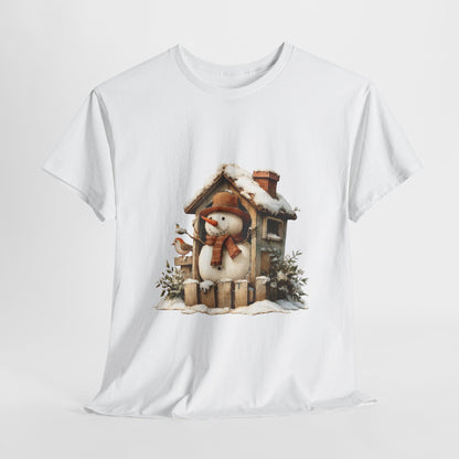 Cabin Porch Snowman Shirt - Rustic Snowman in Little House with Bird