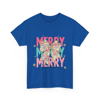 Merry Merry Merry Christmas T-Shirt - Floral Bow Pastel Tee