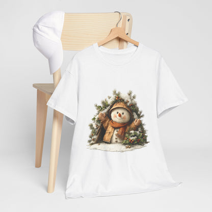 Forest Wreath Snowman Christmas T-Shirt - Cozy Rustic Snowman in Coat & Scarf