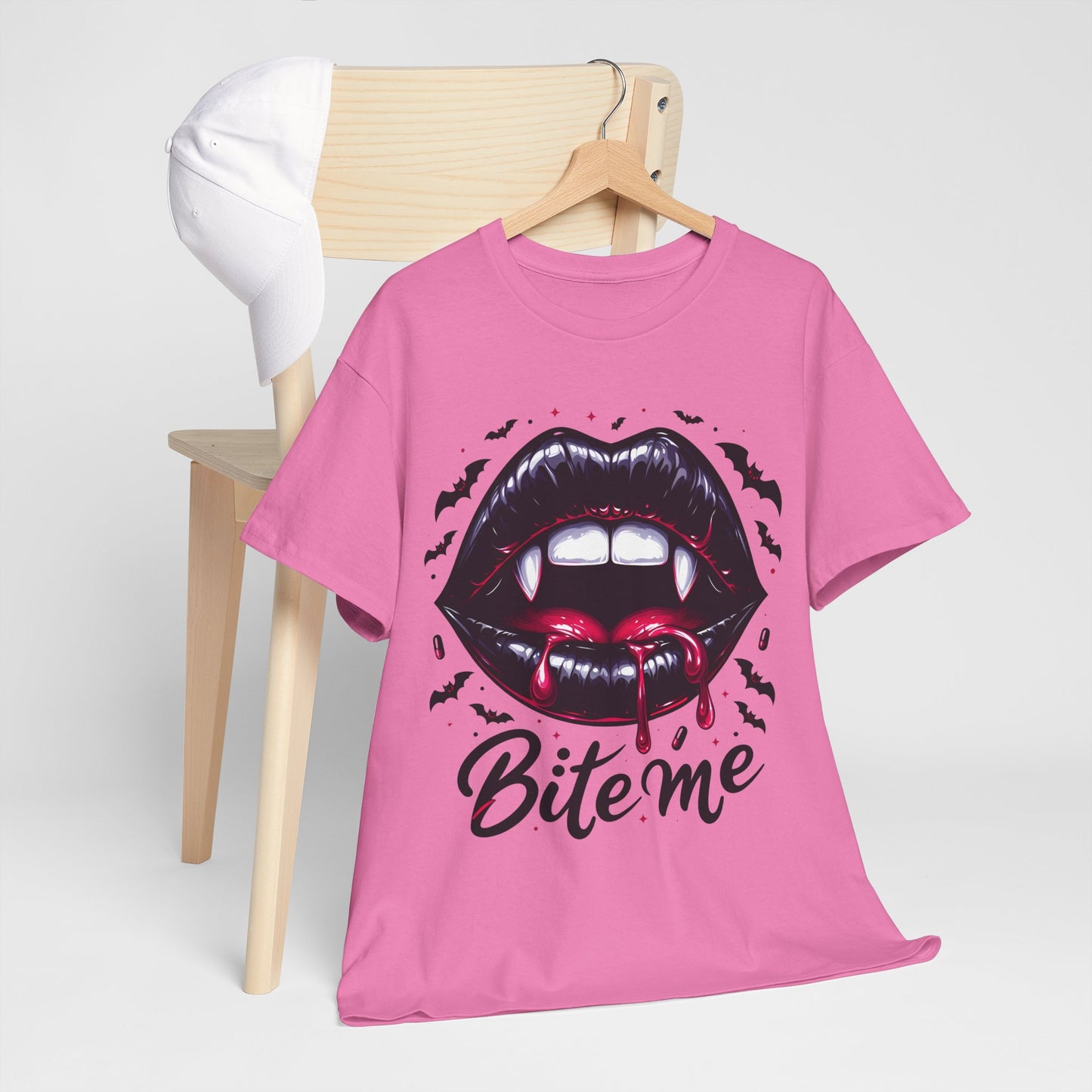 Bite Me Vampire Lips T-Shirt - Gothic Fangs & Bats Halloween Tee
