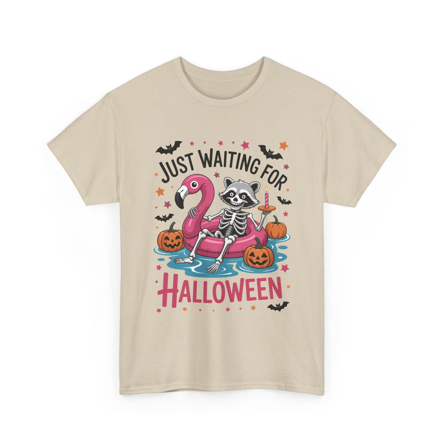 Just Waiting for Halloween T-Shirt - Raccoon Skeleton Flamingo Tee