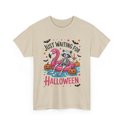 Just Waiting for Halloween T-Shirt - Raccoon Skeleton Flamingo Tee