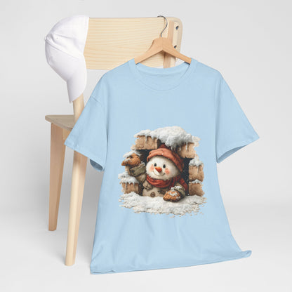Peeking Snowman Window Christmas - Cute Snowy Brick Window Snowman Tee