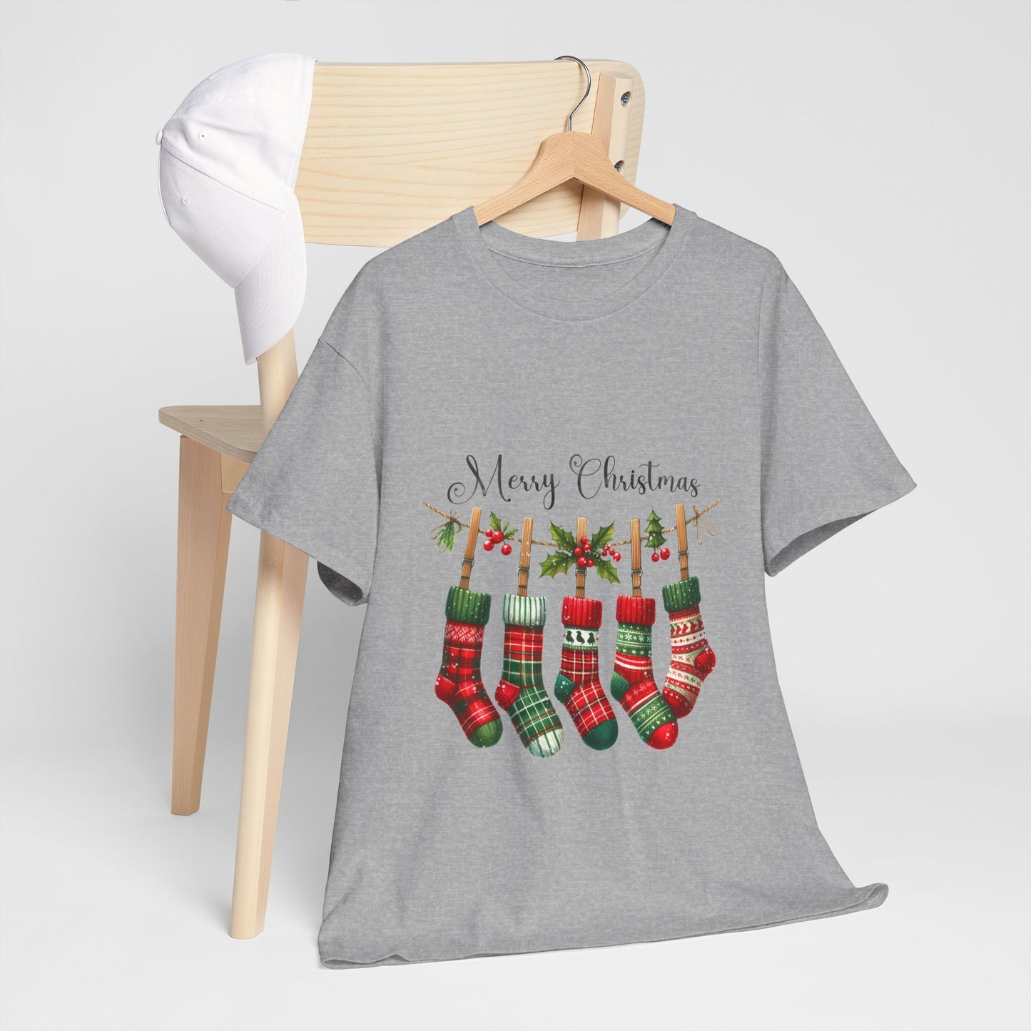 Merry Christmas Stockings T-Shirt - Five Plaid Stockings on Garland