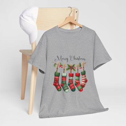 Merry Christmas Stockings T-Shirt - Five Plaid Stockings on Garland