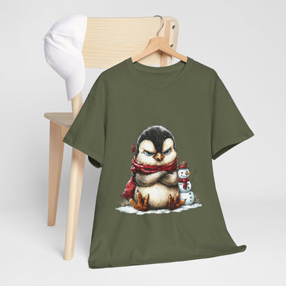 Grumpy Penguin Christmas T-Shirt - Winter Penguin with Snowman Buddy