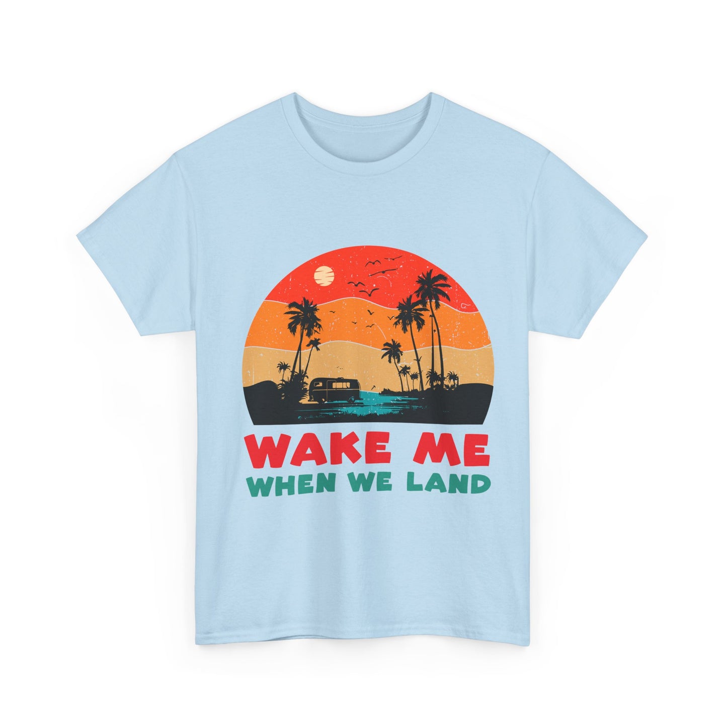 Wake Me When We Land T-Shirt - Funny Jet Lag Travel Retro Sunset Tee