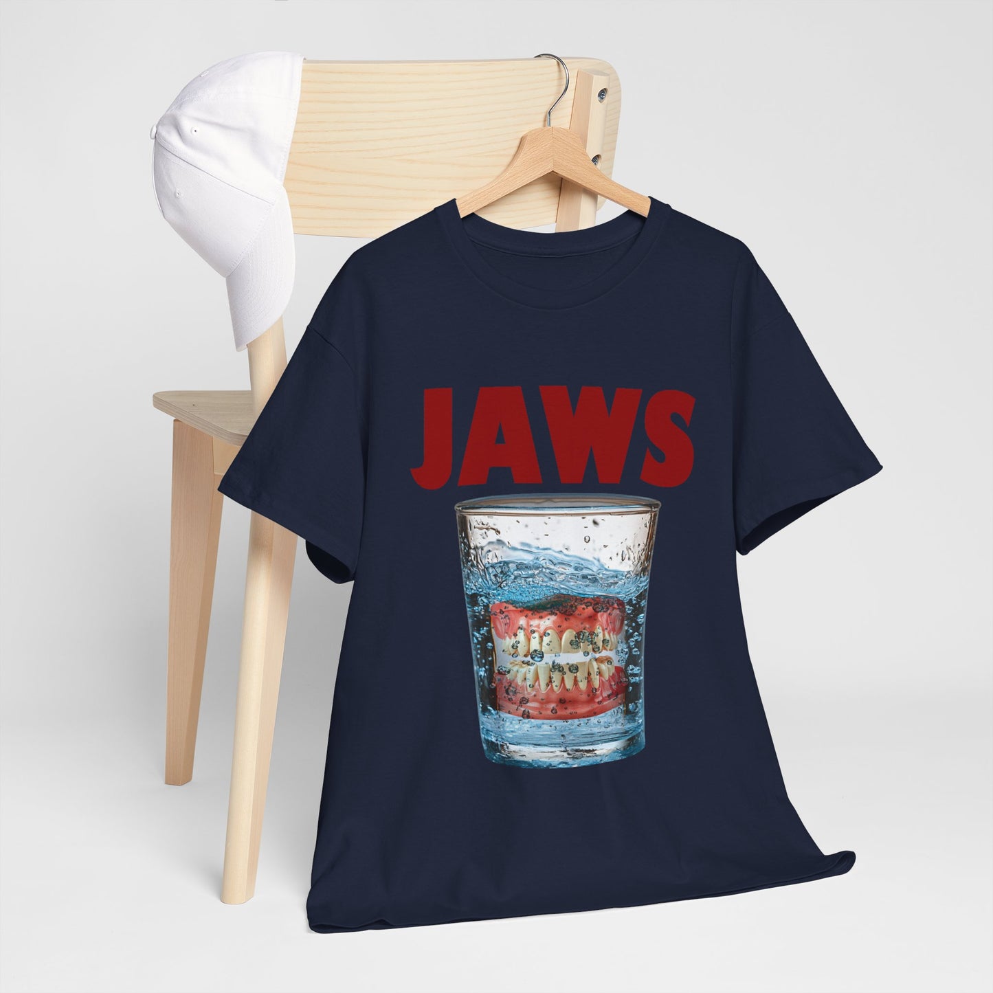 JAWS Parody - Funny Denture in Water Glass T-Shirt for Movie & Humor Fans